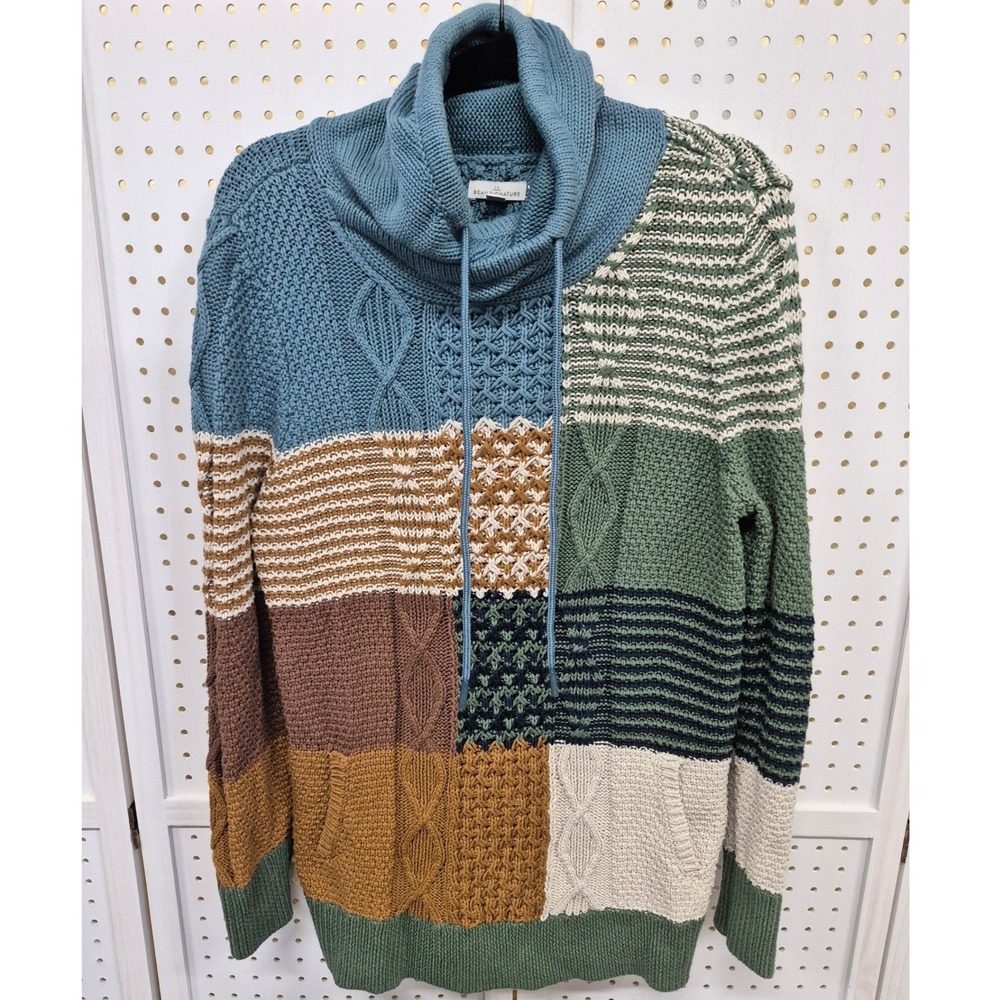 L.L Bean Signature Patchwork Cotton Cable Knit Cowl Neck Sweater Size Large